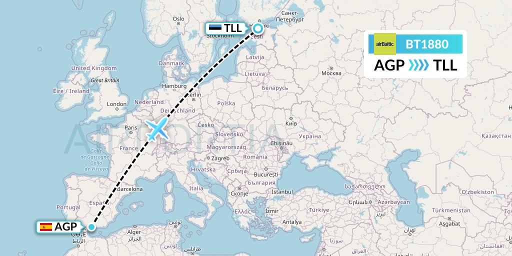 BT1880 Air Baltic Flight Map: Malaga to Tallinn