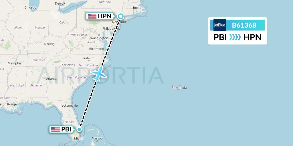 B61368 JetBlue Airways Flight Map: West Palm Beach to White Plains