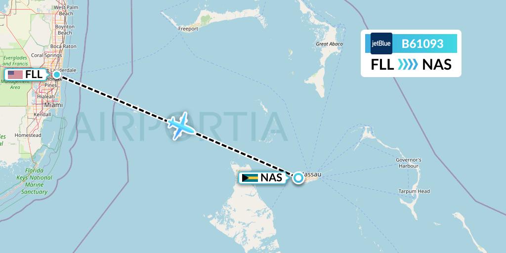 B61093 JetBlue Airways Flight Map: Fort Lauderdale to Nassau