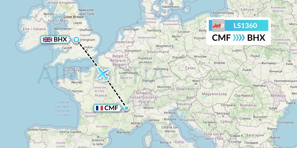 LS1360 Jet2 Flight Map: Chambery to Birmingham