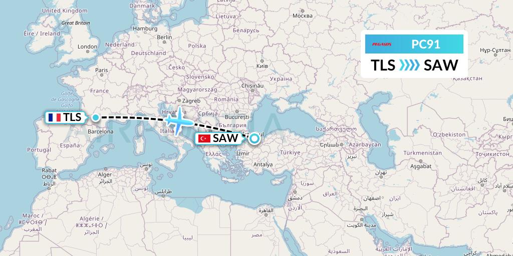 PC91 Pegasus Airlines Flight Map: Toulouse to Istanbul