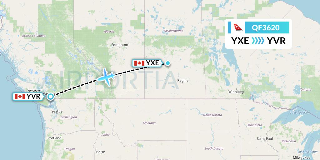 QF3620 Qantas Flight Map: Saskatoon to Vancouver