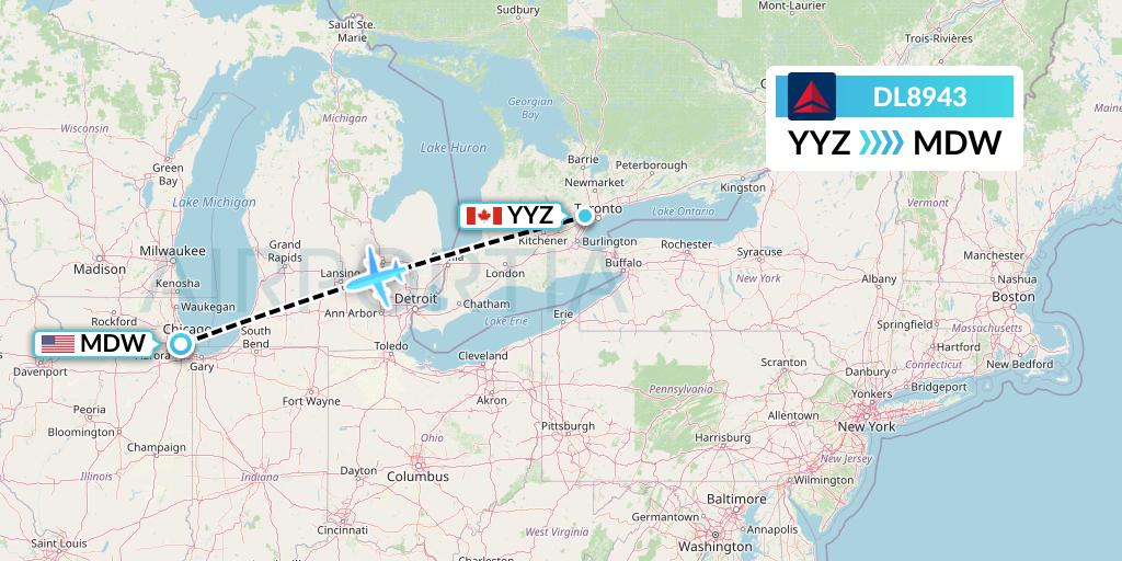DL8943 Delta Air Lines Flight Map: Toronto to Chicago