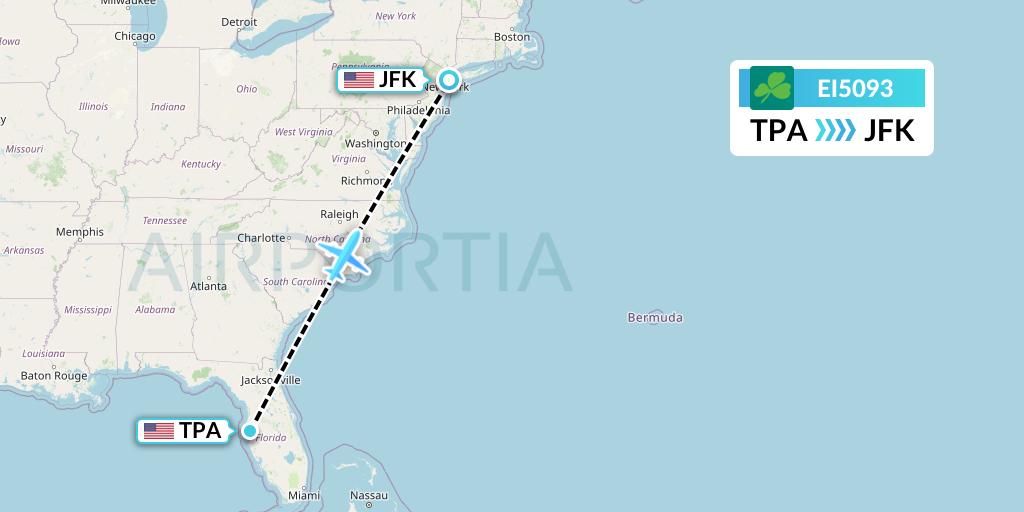 EI5093 Aer Lingus Flight Map: Tampa to New York