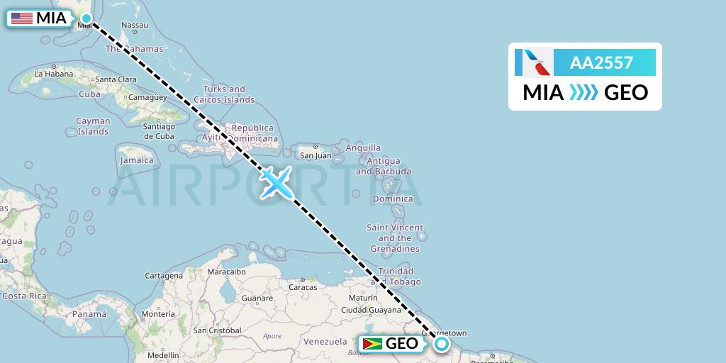 AA2557 American Airlines Flight Map: Miami to Georgetown