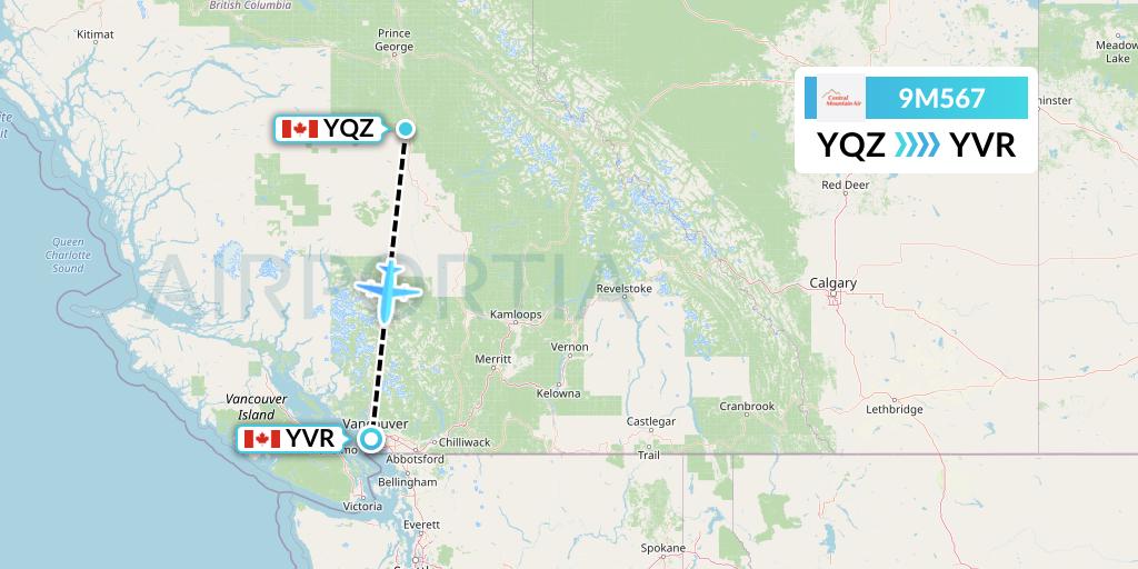 9M567 Central Mountain Air Flight Map: Quesnel to Vancouver