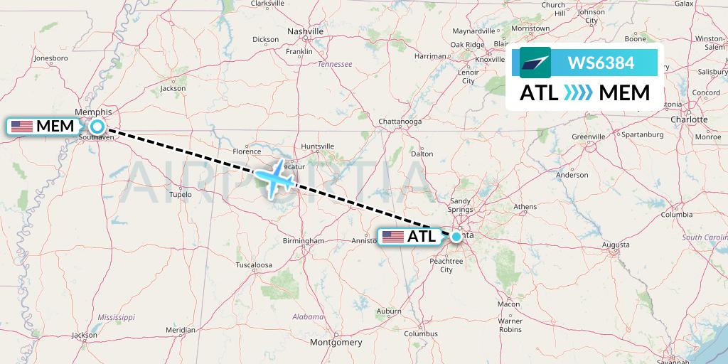 WS6384 WestJet Flight Map: Atlanta to Memphis