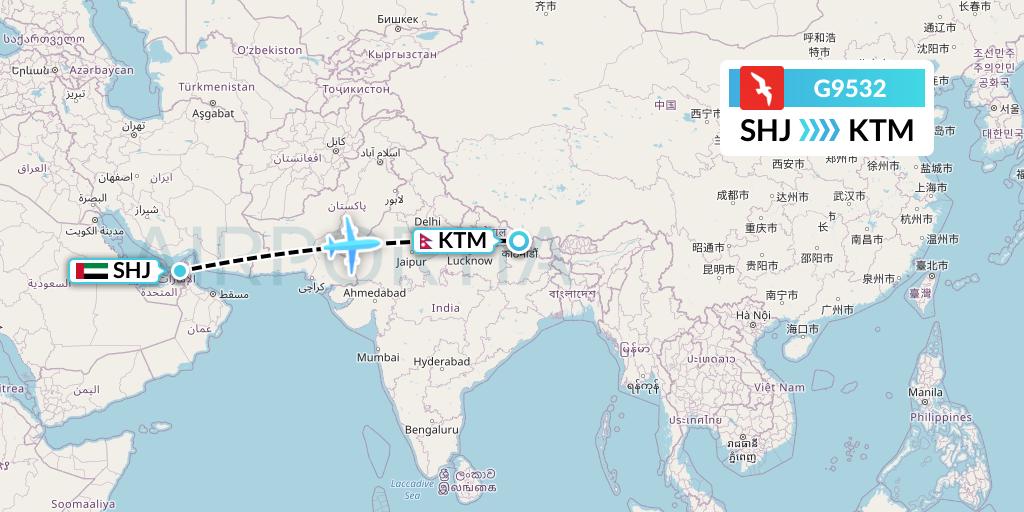 G9532 Air Arabia Flight Map: Sharjah to Kathmandu