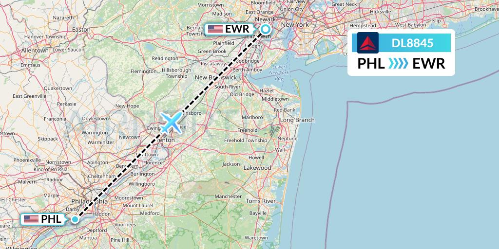 DL8845 Delta Air Lines Flight Map: Philadelphia to New York