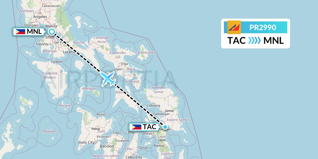 PR2990 Philippine Airlines Flight Map: Tacloban to Manila