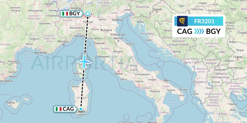 FR3201 Ryanair Flight Map: Cagliari to Milan
