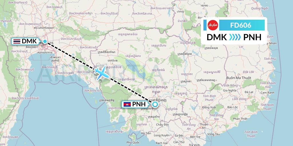 FD606 Thai AirAsia Flight Map: Bangkok to Phnom Penh