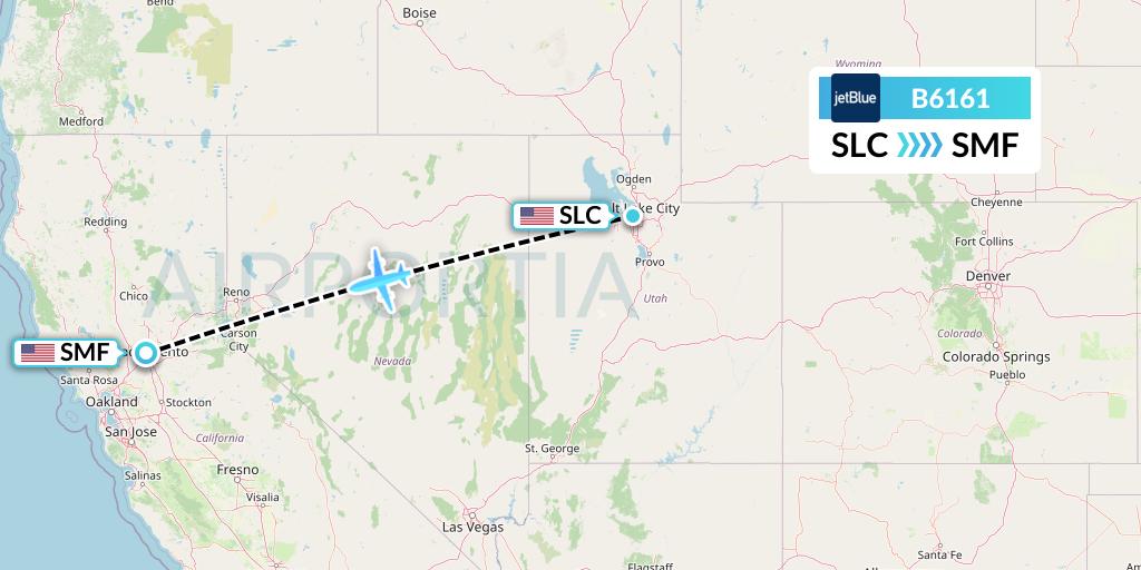 B6161 JetBlue Airways Flight Map: Salt Lake City to Sacramento