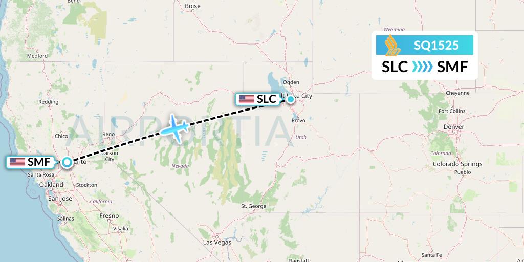 SQ1525 Singapore Airlines Flight Map: Salt Lake City to Sacramento