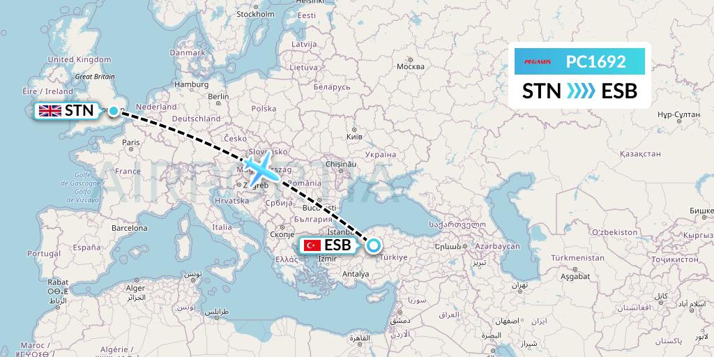 PC1692 Pegasus Airlines Flight Map: London to Ankara