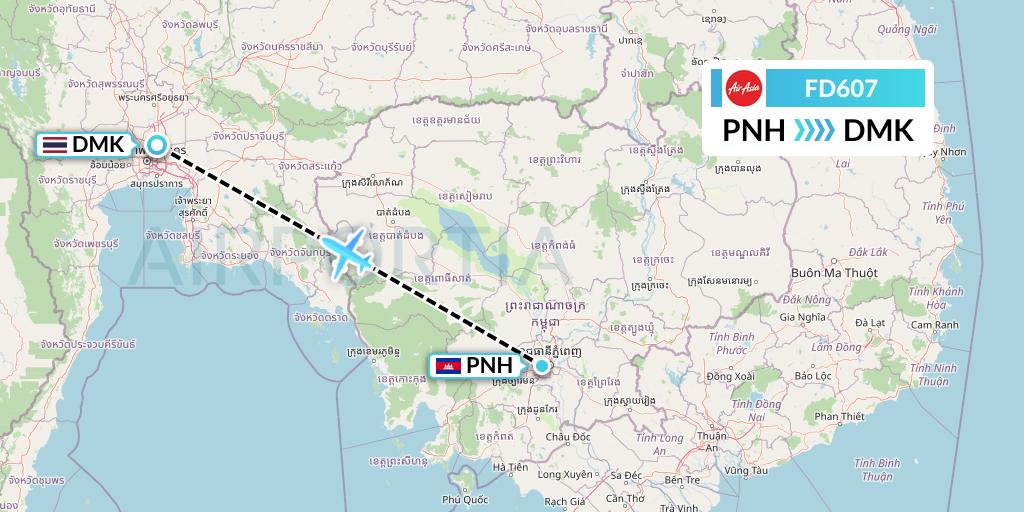FD607 Thai AirAsia Flight Map: Phnom Penh to Bangkok