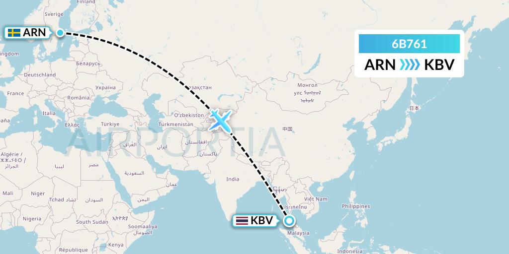 6B761 TUI fly Nordics Flight Map: Stockholm to Krabi