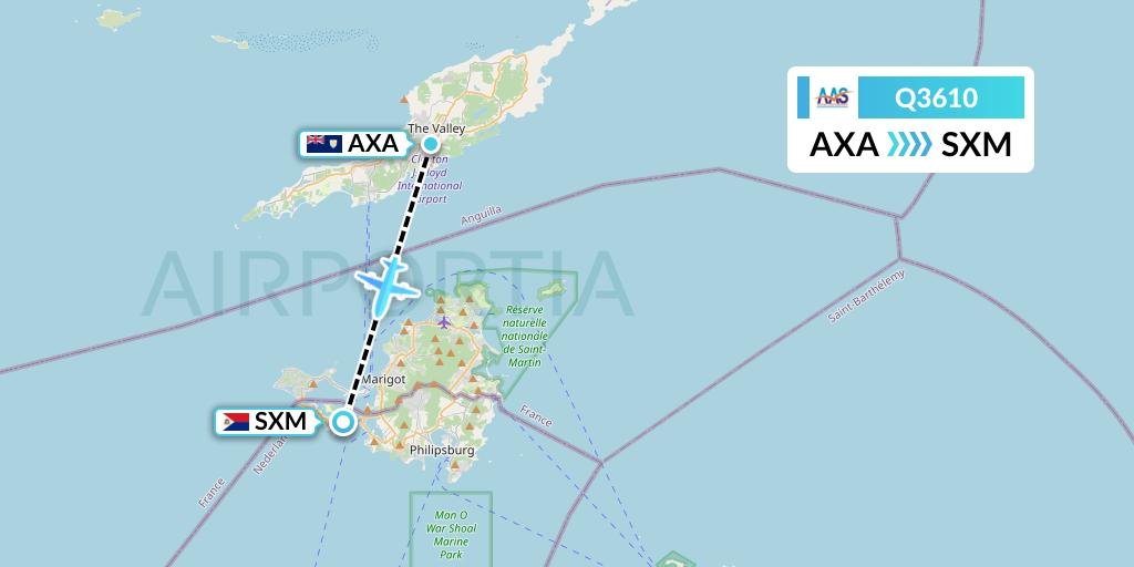 Q3610 Anguilla Air Services Flight Map: The Valley to Sint Maarten