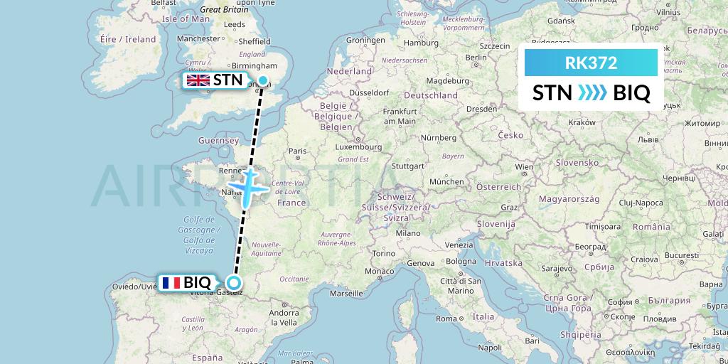 RK372 Ryanair UK Flight Map: London to Biarritz
