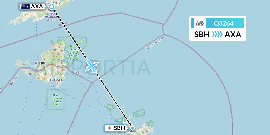 Q3264 Anguilla Air Services Flight Map: St. Jean to The Valley