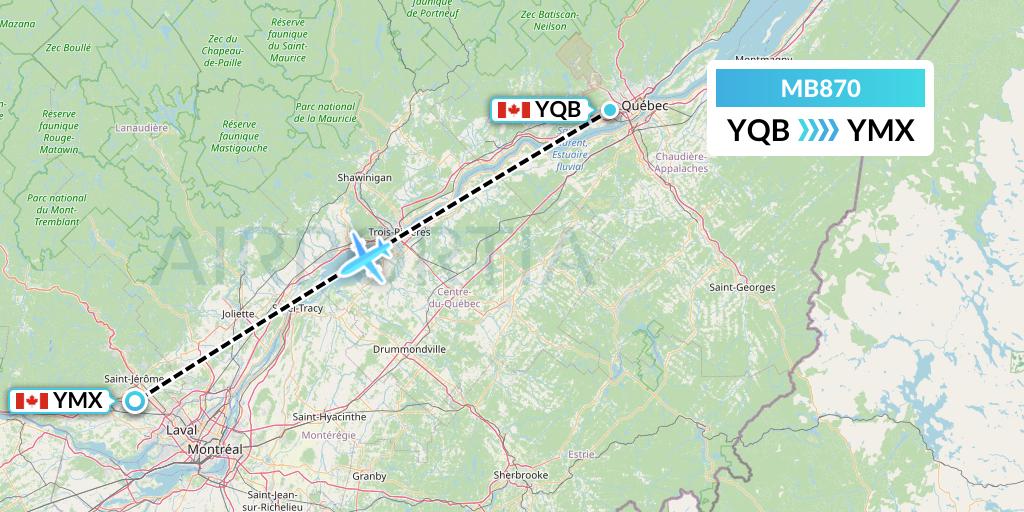 MB870 MNG Airlines Flight Map: Quebec to Montreal