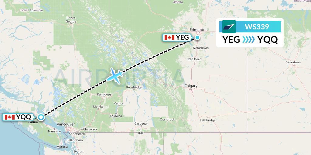 WS339 WestJet Flight Map: Edmonton to Comox