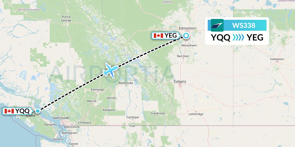 WS338 WestJet Flight Map: Comox to Edmonton