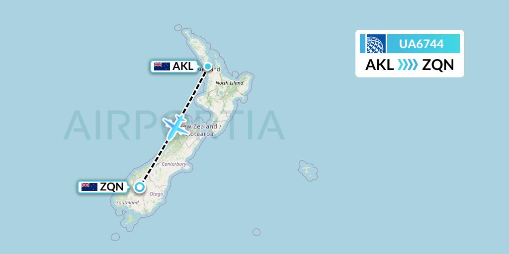 UA6744 United Airlines Flight Map: Auckland to Queenstown