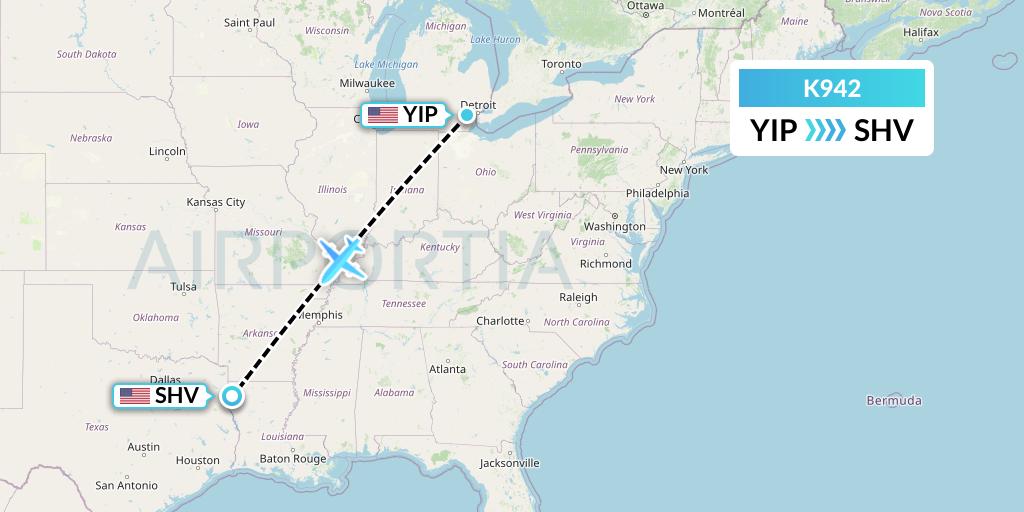 K942 Kalitta Charters Flight Map: Detroit to Shreveport