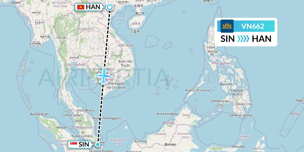 VN662 Vietnam Airlines Flight Map: Singapore to Hanoi