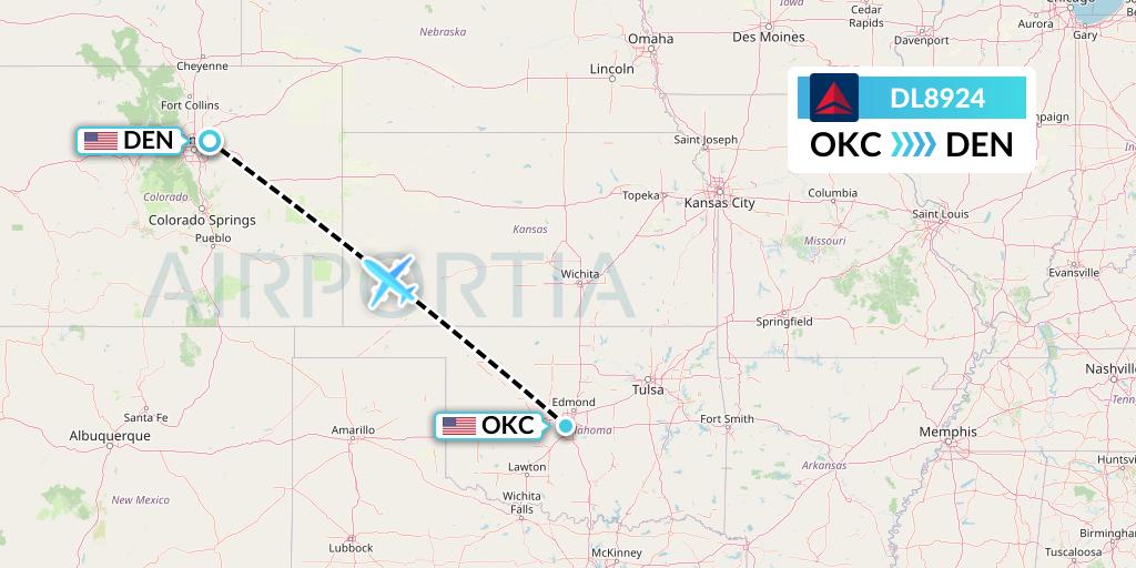 DL8924 Delta Air Lines Flight Map: Oklahoma City to Denver