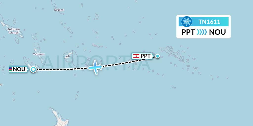 TN1611 Air Tahiti Nui Flight Map: Papeete to Noumea