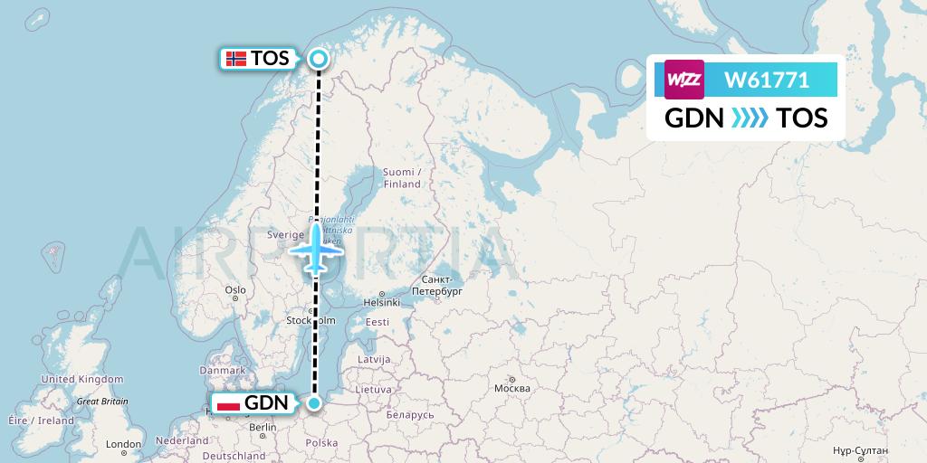W61771 Wizz Air Flight Map: Gdansk to Tromso