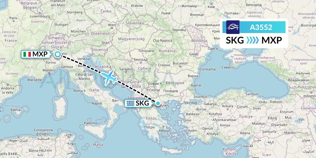 A3552 Aegean Airlines Flight Map: Thessaloniki to Milan