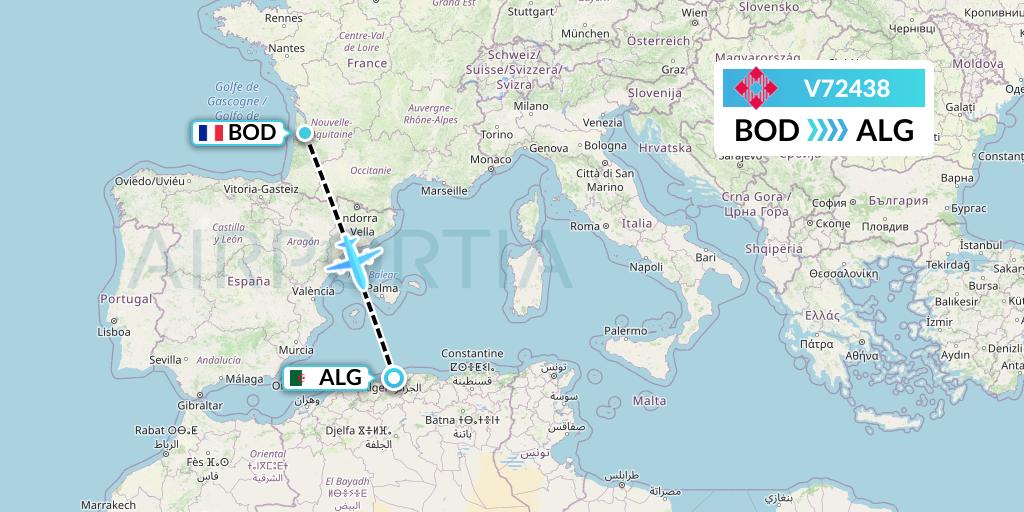 V72438 Volotea Flight Map: Bordeaux to Algiers