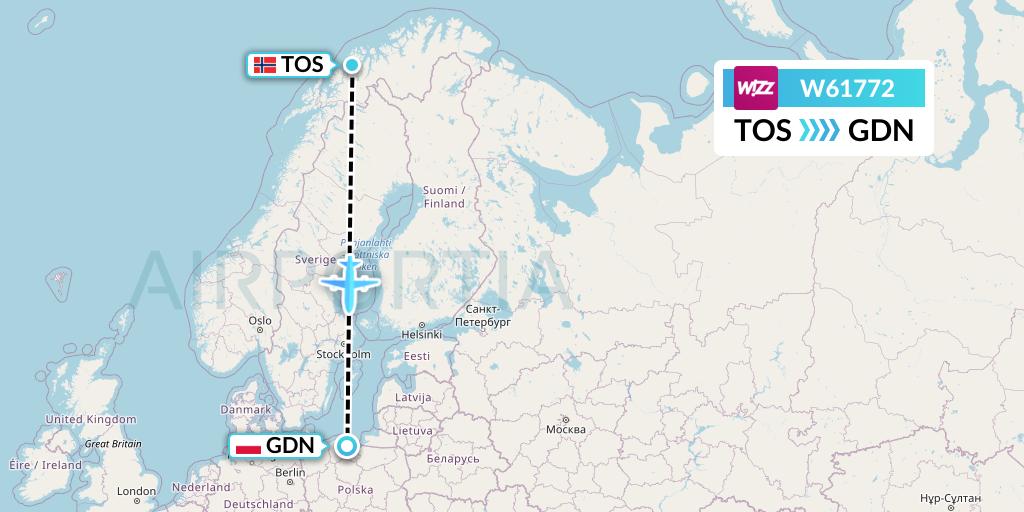 W61772 Wizz Air Flight Map: Tromso to Gdansk