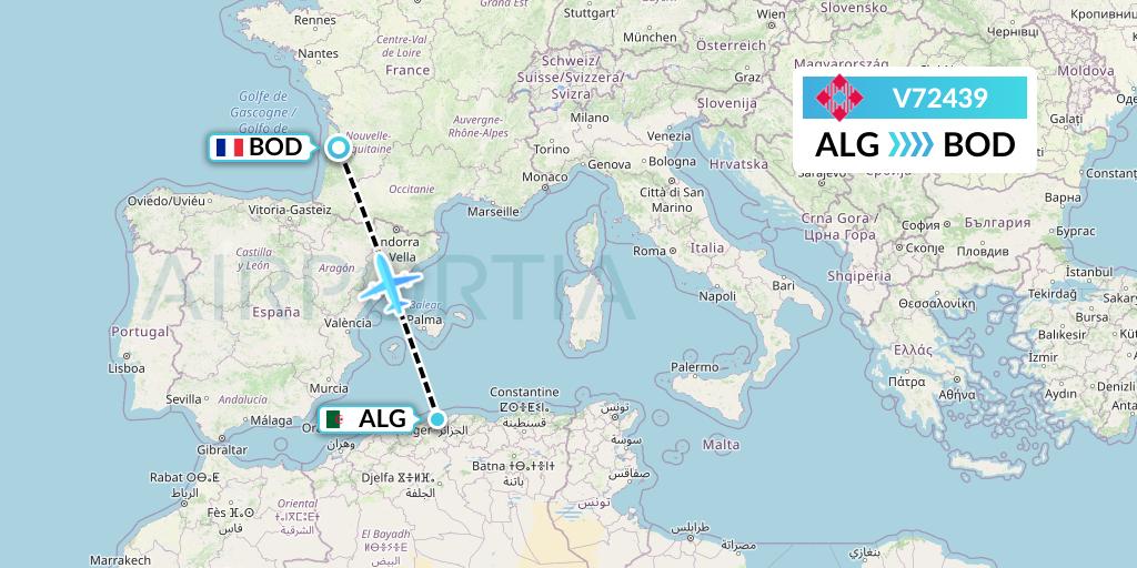 V72439 Volotea Flight Map: Algiers to Bordeaux