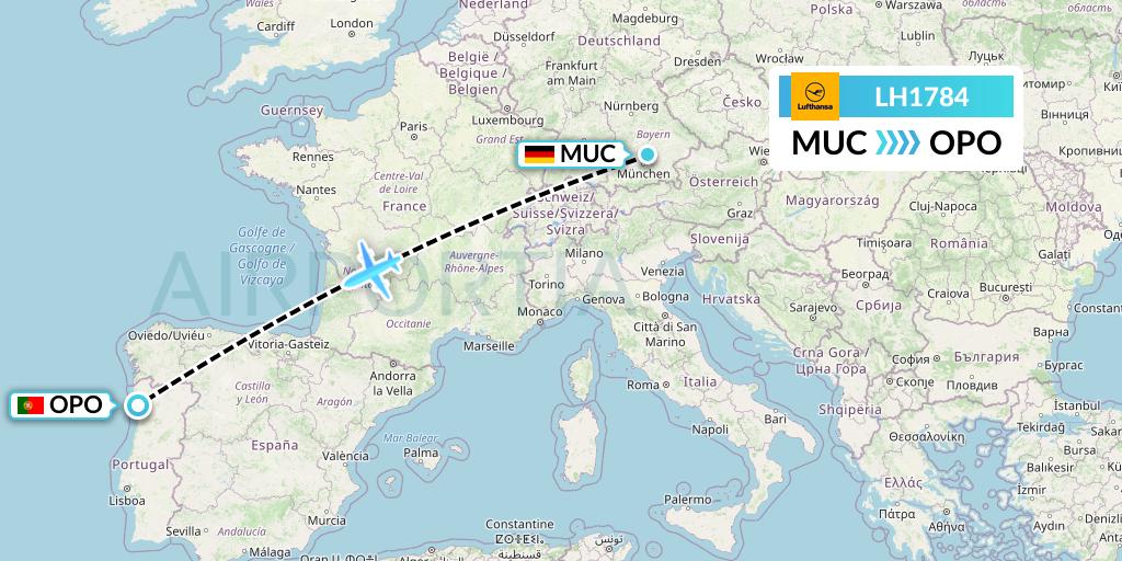 LH1784 Lufthansa Flight Map: Munich to Porto