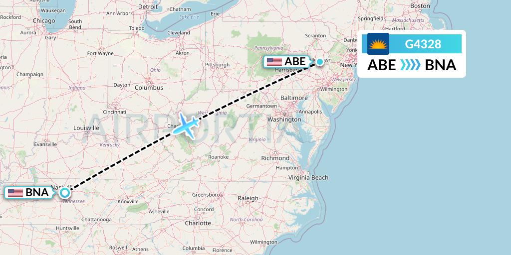 G4328 Allegiant Air Flight Map: Allentown to Nashville