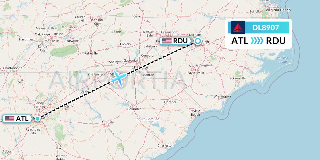DL8907 Delta Air Lines Flight Map: Atlanta to Raleigh-Durham