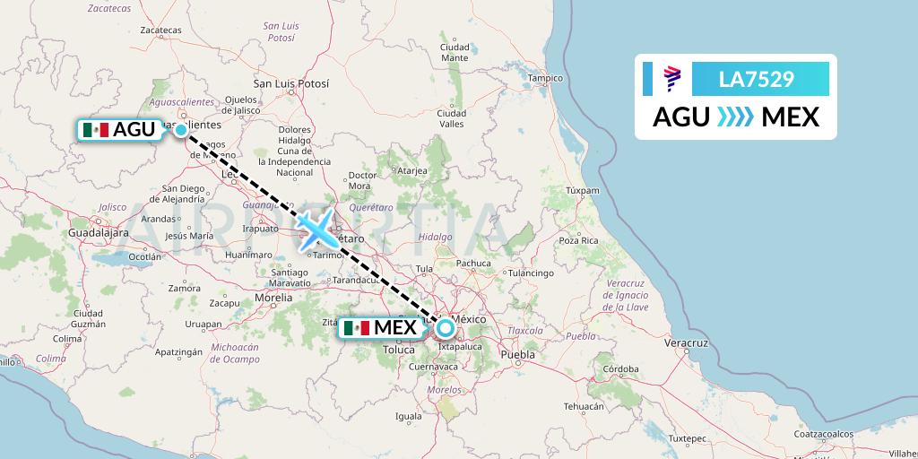 LA7529 LAN Airlines Flight Map: Aguascalientes to Mexico City
