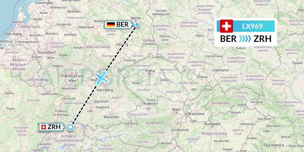 LX969 Swiss Flight Map: Berlin to Zurich