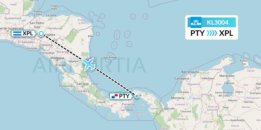 KL3004 KLM Flight Map: Panama City to Comayagua