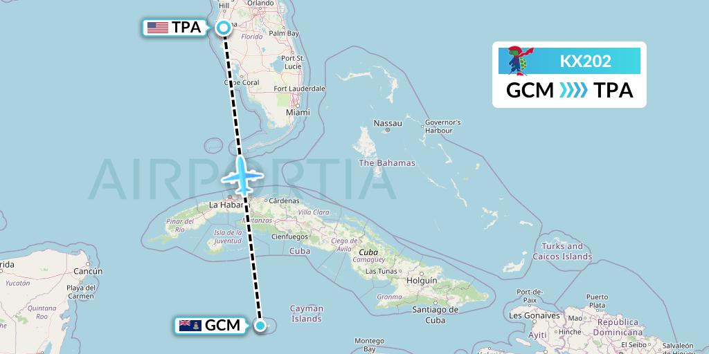 KX202 Cayman Airways Flight Map: George Town to Tampa