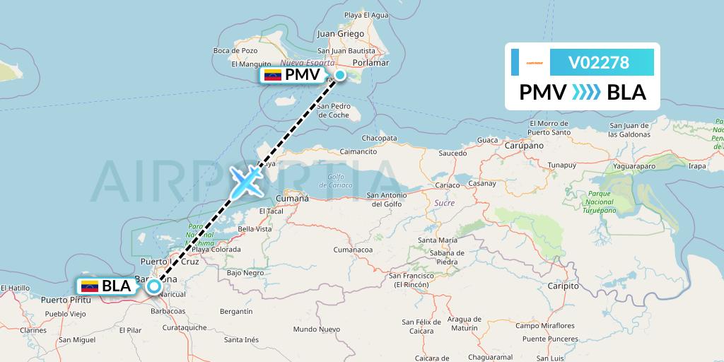 V02278 Conviasa Flight Map: Porlamar to Barcelona