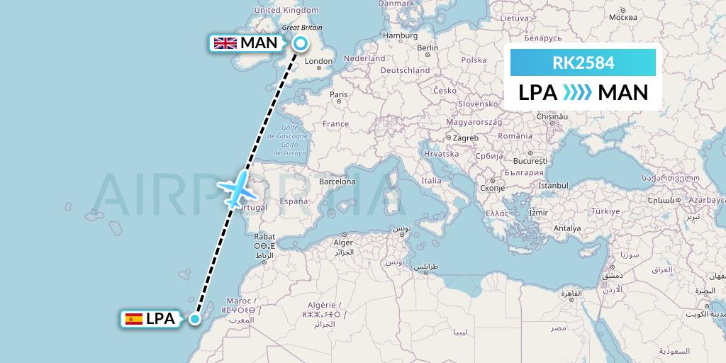 RK2584 Ryanair UK Flight Map: Las Palmas to Manchester