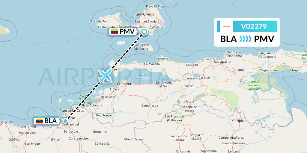 V02279 Conviasa Flight Map: Barcelona to Porlamar