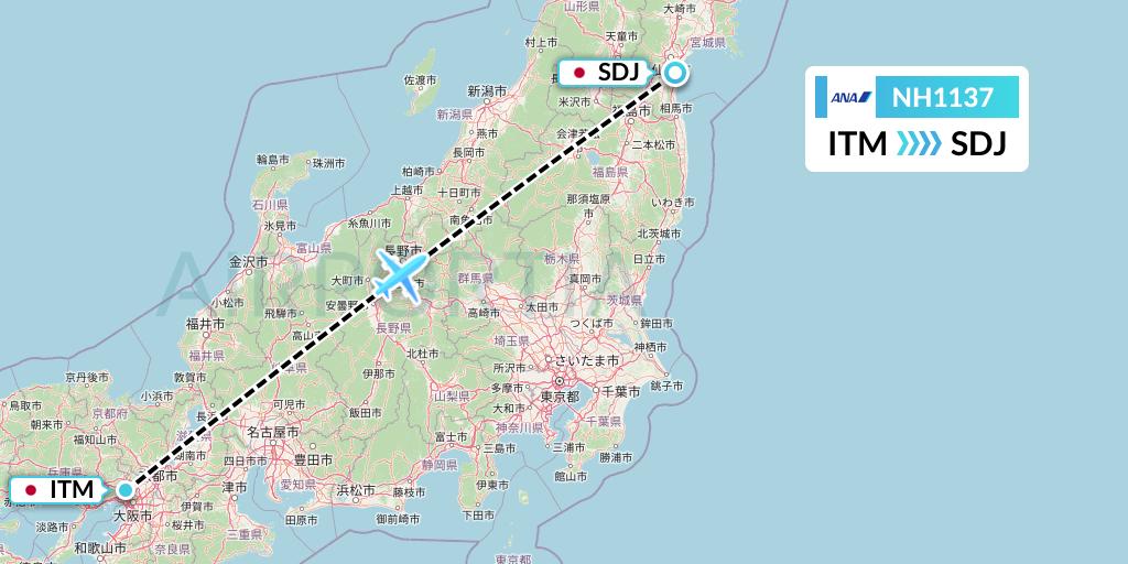 NH1137 All Nippon Airways Flight Map: Osaka to Sendai