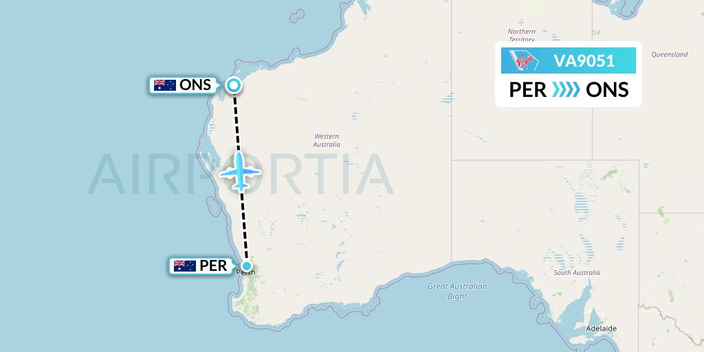 VA9051 Virgin Australia Flight Map: Perth to Onslow