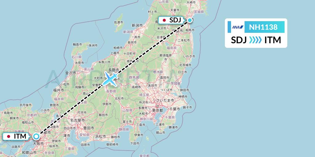 NH1138 All Nippon Airways Flight Map: Sendai to Osaka
